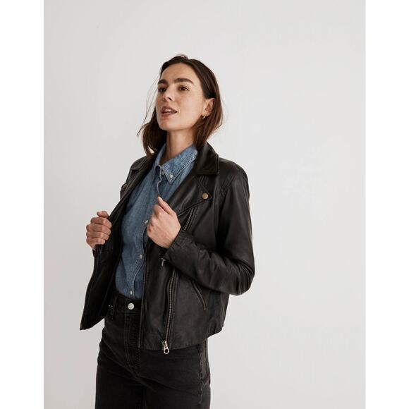 Madewell Women's Moto Washed Leather Motorcycle Jacket True Black Size Small NWT